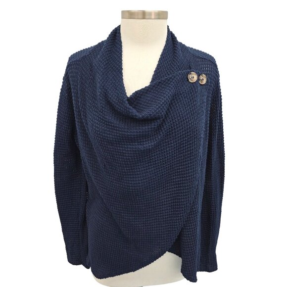 Maurices Womens M Navy Blue Waffle Knit Draped Cardigan Sweater Button Accents - Picture 1 of 14